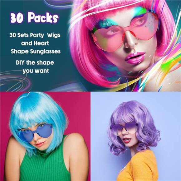 60 Pieces Party Wigs and Sunglasses Set, Neon Short Bob main image 4